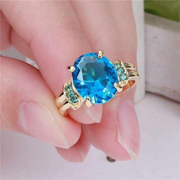 Blue Aquamarine Yellow Rhodium Plated Ring - Picture 1 of 3